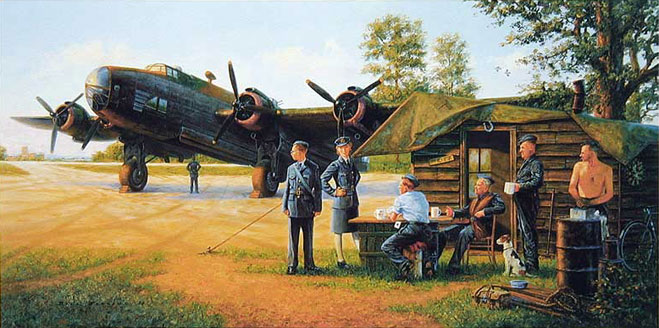 Halifax bomber and ground crew by Bill Perring